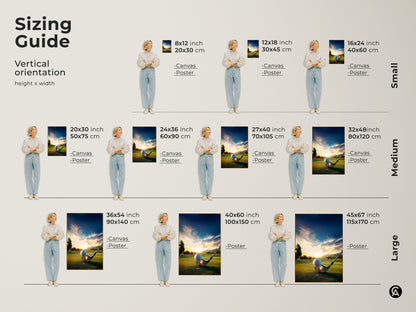 Sizing guide for golf course art prints. Vertical orientation options are shown with people for scale. Available in small medium and large sizes. Perfect for any space and wall.