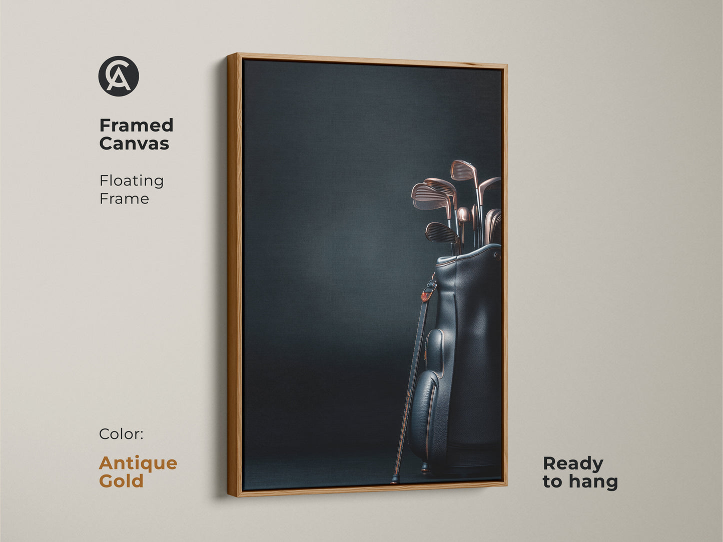 Framed canvas art print featuring golf clubs in a black bag. The floating frame is antique gold. The artwork is ready to hang. This stylish sports themed piece adds sophistication to any room. Purchase this framed art today.