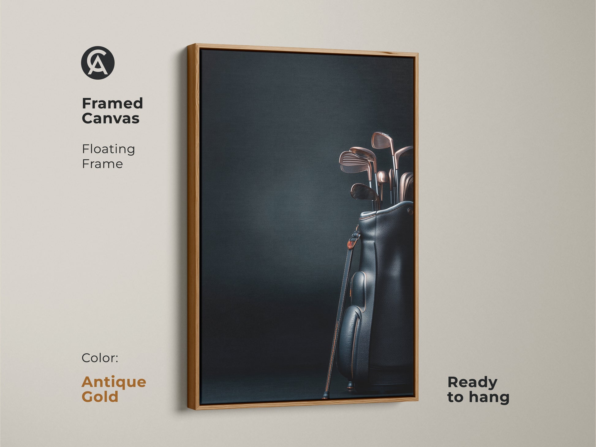 Framed canvas art print featuring golf clubs in a black bag. The floating frame is antique gold. The artwork is ready to hang. This stylish sports themed piece adds sophistication to any room. Purchase this framed art today.