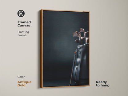 Framed canvas art print featuring golf clubs in a black bag. The floating frame is antique gold. The artwork is ready to hang. This stylish sports themed piece adds sophistication to any room. Purchase this framed art today.