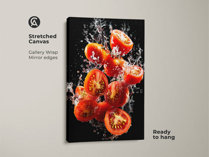 Stretched canvas print of tomatoes in water. Gallery wrapped with mirror edges creates a seamless look. Ready to hang this artwork adds a vibrant touch. A perfect piece for kitchen or dining room decor. The canvas enhances the vivid colors.