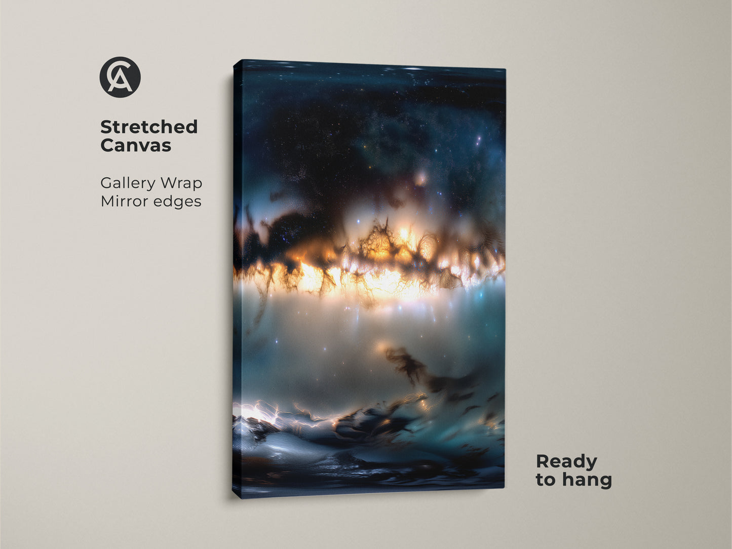 Stretched canvas featuring space artwork. The gallery wrap has mirror edges. The nebula art has orange and blue colors. This canvas comes ready to hang. Add a touch of cosmic beauty to your space with this captivating piece.