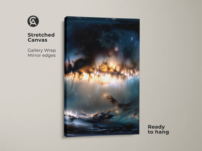 Stretched canvas featuring space artwork. The gallery wrap has mirror edges. The nebula art has orange and blue colors. This canvas comes ready to hang. Add a touch of cosmic beauty to your space with this captivating piece.