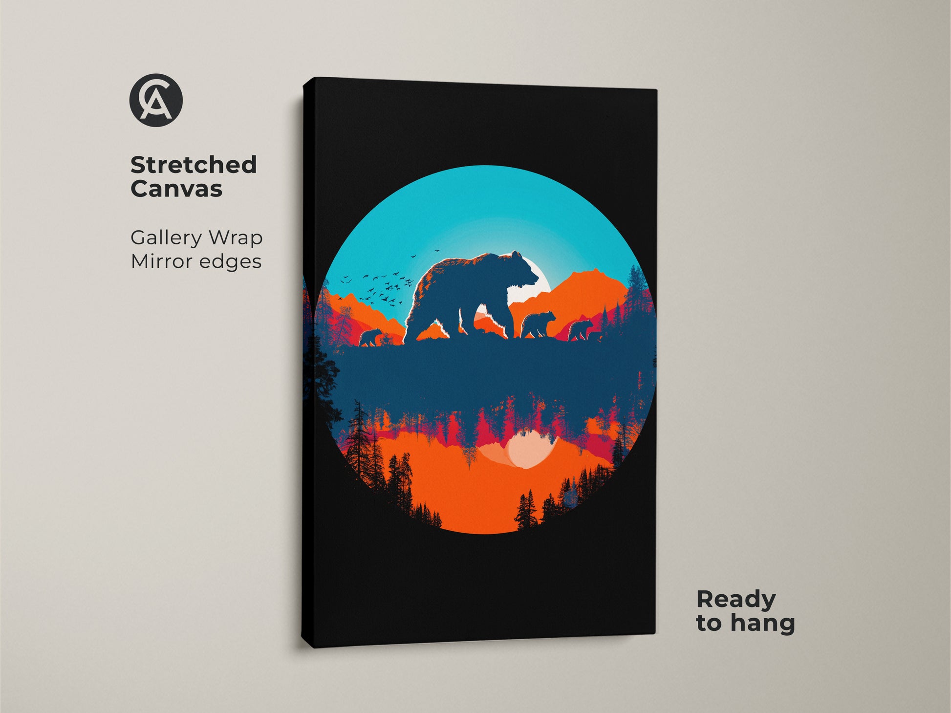 This stretched canvas features a bear family silhouette art print. A mountain sunset backdrop makes this retro nature landscape a gallery-ready piece. The mirror edges offer a clean look for any animal lover's decor