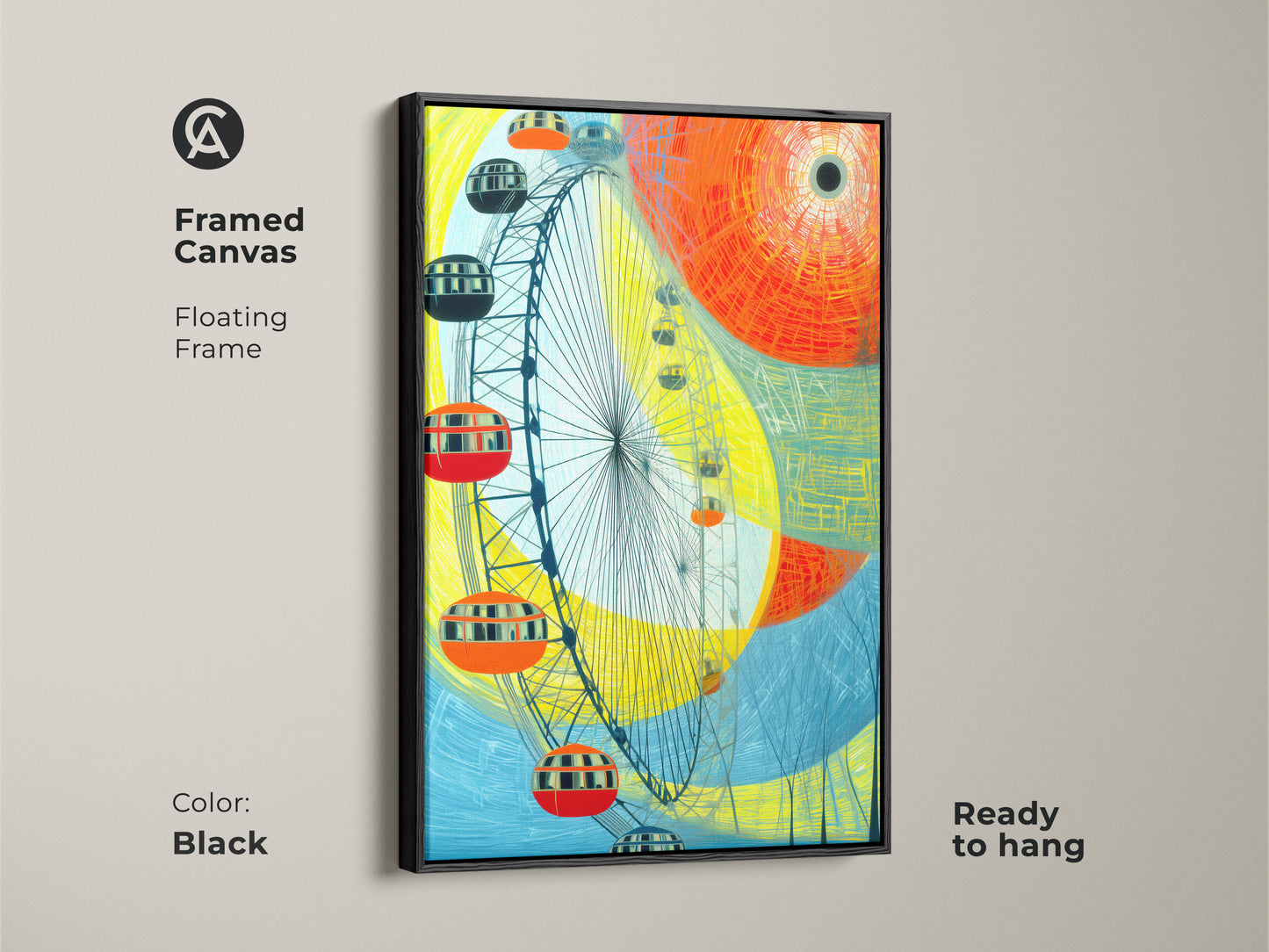 Framed canvas showcasing a black floating frame ready to hang abstract Ferris wheel artwork. Its vibrant yellow orange and blue hues create a modern cityscape. This contemporary travel art piece adds a unique touch to any room serving as a perfect housewarming gift for modern abstract art lovers.