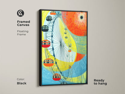 Framed canvas showcasing a black floating frame ready to hang abstract Ferris wheel artwork. Its vibrant yellow orange and blue hues create a modern cityscape. This contemporary travel art piece adds a unique touch to any room serving as a perfect housewarming gift for modern abstract art lovers.