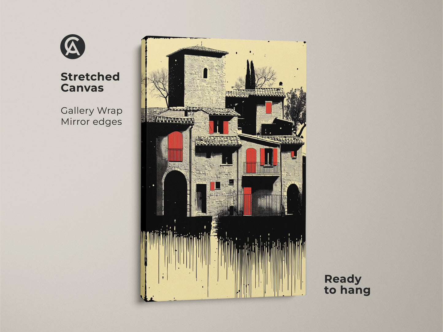 Stretched canvas art print of a Tuscan village with red roofs. This cream red black artwork shows Italian architecture. It makes a travel inspired decor piece for eclectic home styling and offers a ready to hang gallery wrap.