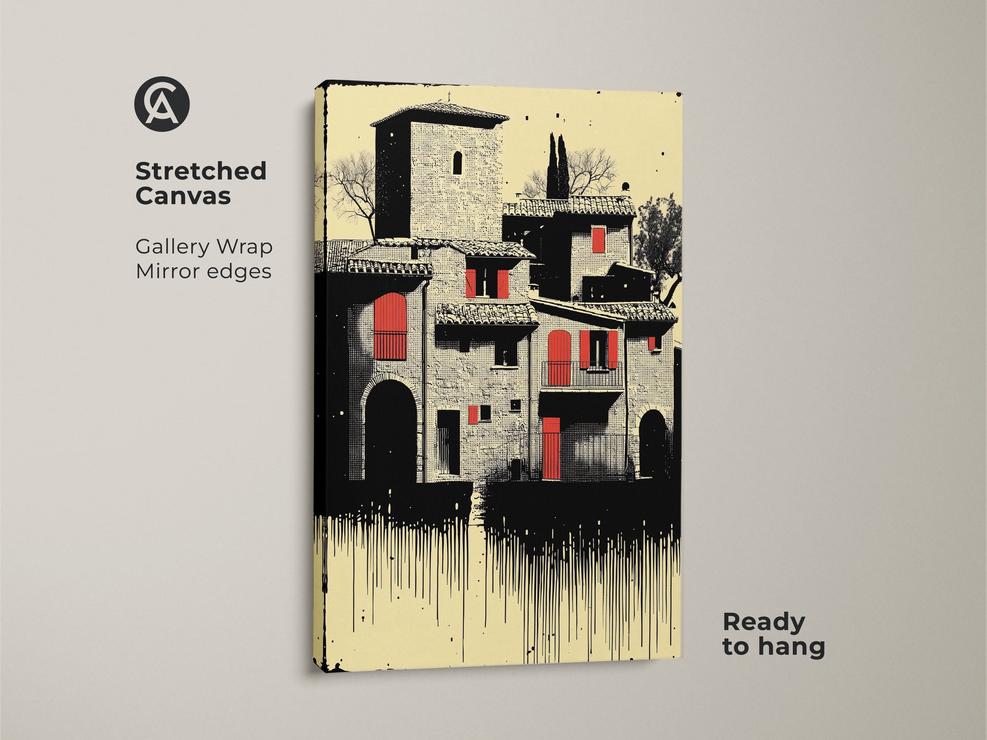 Stretched canvas art print of a Tuscan village with red roofs. This cream red black artwork shows Italian architecture. It makes a travel inspired decor piece for eclectic home styling and offers a ready to hang gallery wrap.