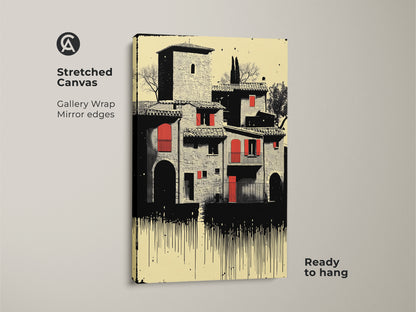 Stretched canvas art print of a Tuscan village with red roofs. This cream red black artwork shows Italian architecture. It makes a travel inspired decor piece for eclectic home styling and offers a ready to hang gallery wrap.