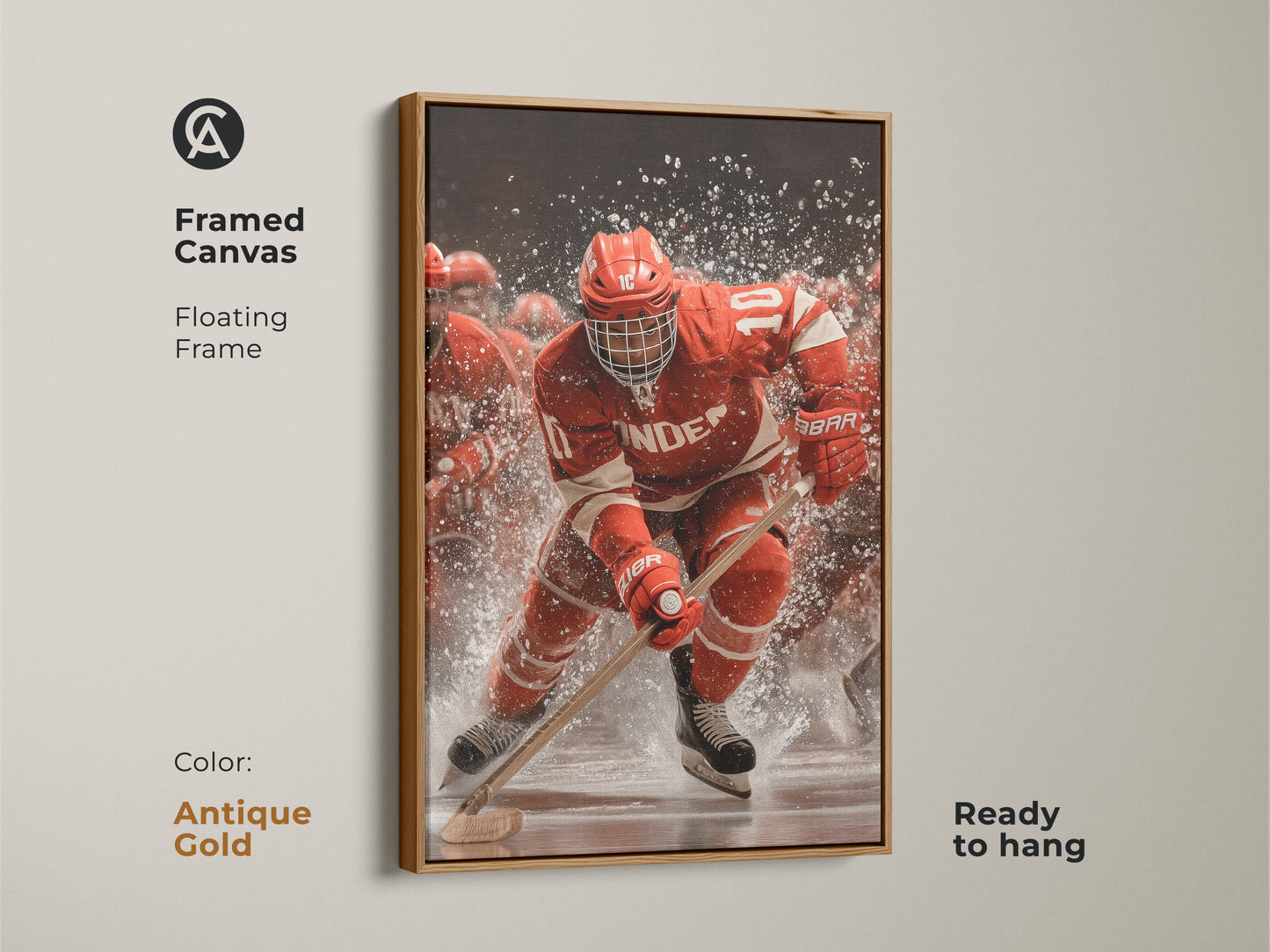 A framed canvas displaying a dynamic hockey player art in an antique gold floating frame. The red and white art brings the game's energy to life. Ready to hang it fits perfectly in a man cave. The perfect gift for a sports enthusiast.