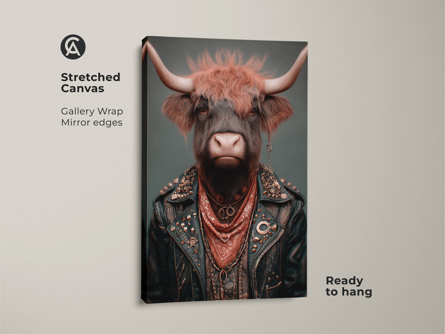 Stretched canvas print featuring punk rock highland cow art. The gallery wrap and mirror edges add a modern touch. This biker jacket cow print is ready to hang and bring an edgy vibe to your space.
