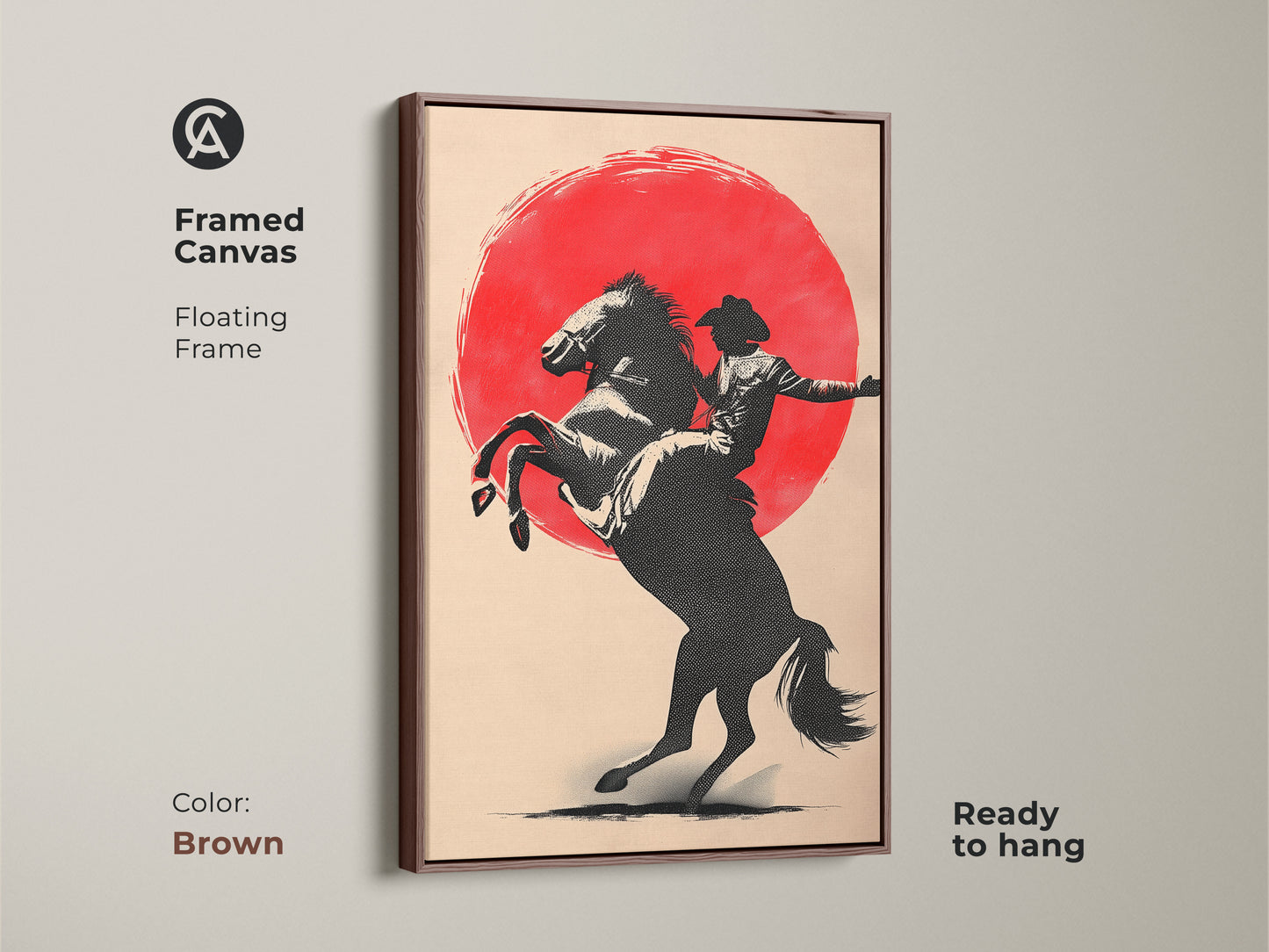 Framed cowboy on horse canvas art in a floating brown frame. It features rodeo sunset art. This minimalist farmhouse wall art adds rustic charm to any home. Great gift for cowboy enthusiasts. Ready to hang.