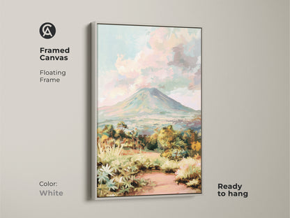 Impressionist mountain art in a white floating frame. The volcano landscape canvas print is a stylish addition to any space. The teal green artwork complements bedroom wall art. This scenic nature canvas creates an inviting atmosphere. An ideal nature lover gift wall art print.