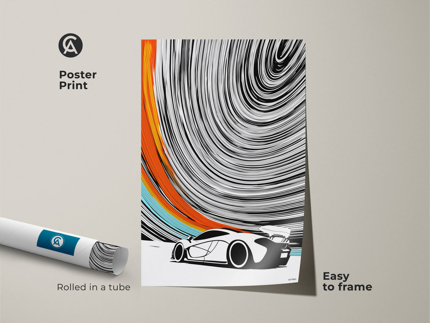 The poster print features an abstract sports car. The museum-quality paper enhances this striking artwork. Easy to frame and display this graphic speed print adds energy to any space. Rolled in a tube this modern automotive canvas is perfect for contemporary decor. A great man cave wall hanging.