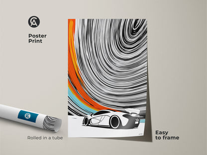 The poster print features an abstract sports car. The museum-quality paper enhances this striking artwork. Easy to frame and display this graphic speed print adds energy to any space. Rolled in a tube this modern automotive canvas is perfect for contemporary decor. A great man cave wall hanging.