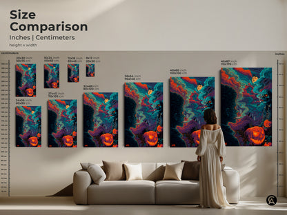 Size comparison for Halloween art. This artwork is available in a variety of sizes. Sizes range from 8x12 inches to 45x67 inches. See how each size will look in your home. Various sizes are available for posters and canvases.