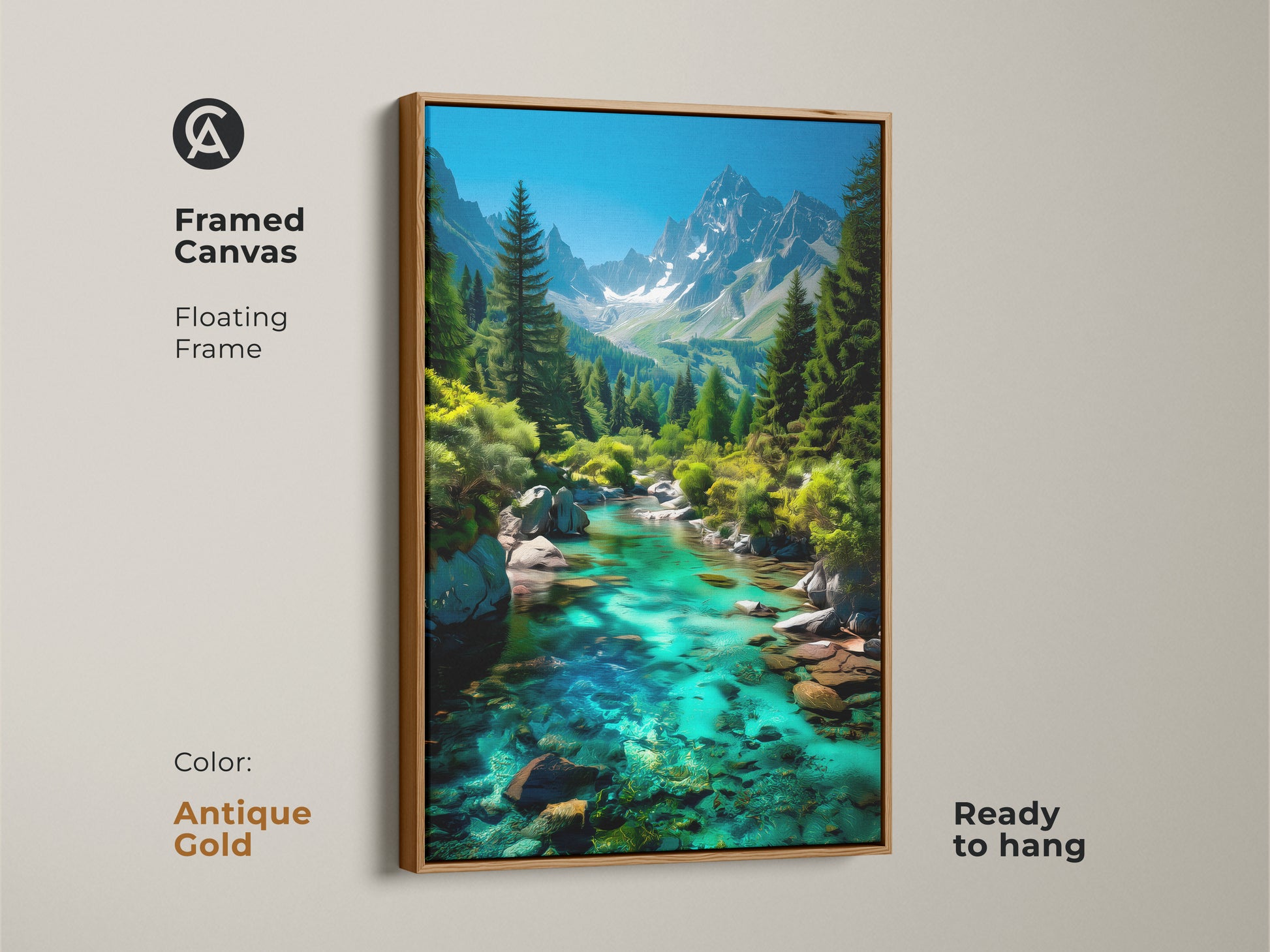Framed canvas featuring a turquoise mountain river and pine trees with an antique gold floating frame. This ready-to-hang nature artwork offers a rustic touch. It's a beautiful housewarming gift for those who love serene landscapes.