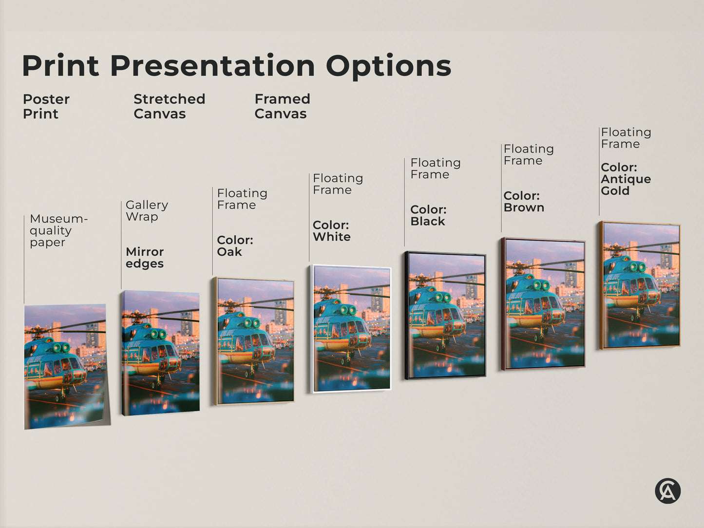 Explore our print presentation options. Choose from poster prints stretched canvas and framed canvas. Each option showcases a teal helicopter at sunset. Find the perfect style to match your taste. Transform your space with our high-quality aviation artwork today. Order now.