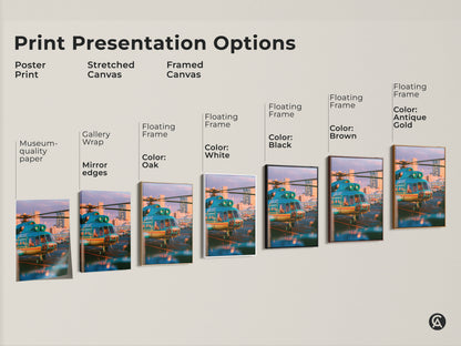 Explore our print presentation options. Choose from poster prints stretched canvas and framed canvas. Each option showcases a teal helicopter at sunset. Find the perfect style to match your taste. Transform your space with our high-quality aviation artwork today. Order now.