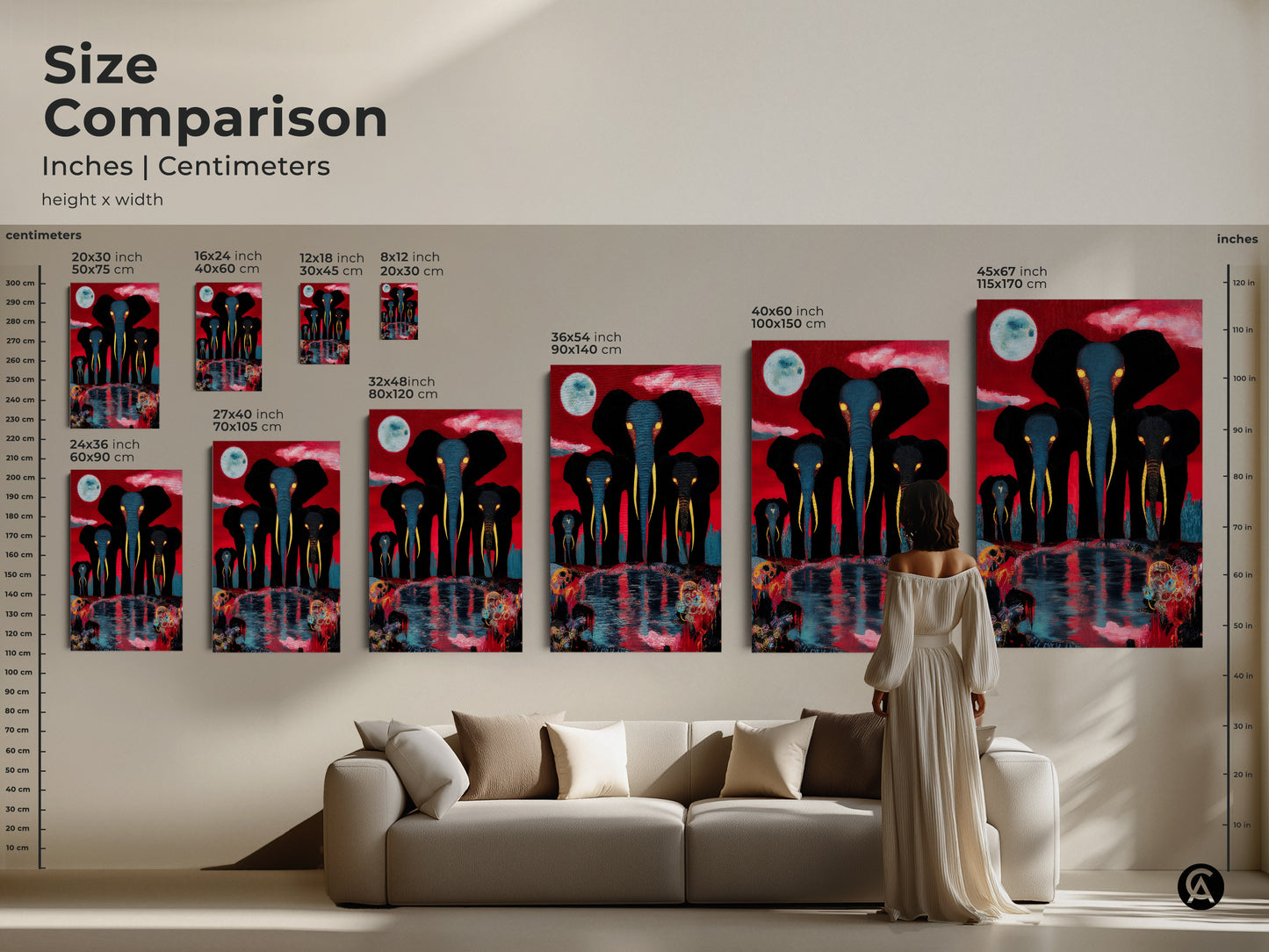 This size comparison image features a woman near a couch with the surreal elephant family art displayed in multiple sizes. See how this red blue black elephant painting transforms any room. Add eclectic animal art to your home decor.