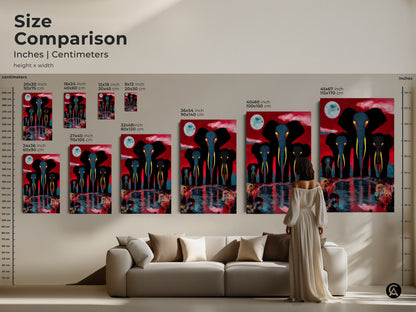 This size comparison image features a woman near a couch with the surreal elephant family art displayed in multiple sizes. See how this red blue black elephant painting transforms any room. Add eclectic animal art to your home decor.