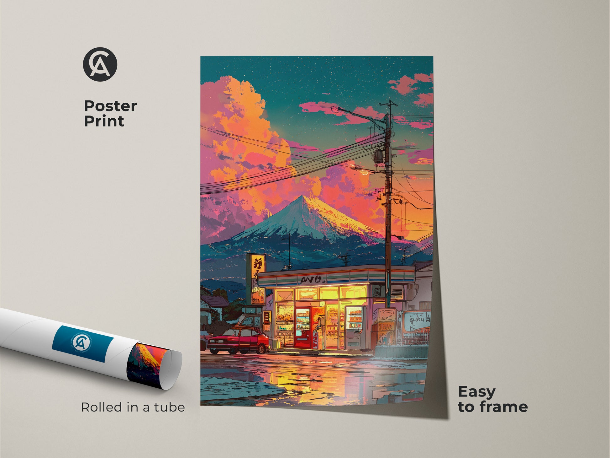 Poster print of a scenic Japanese convenience store with Mount Fuji. The poster is easy to frame and display. Rolled in a tube for protection. A great way to bring Japanese art into your living space. Perfect wall decor for those who appreciate serene landscapes.