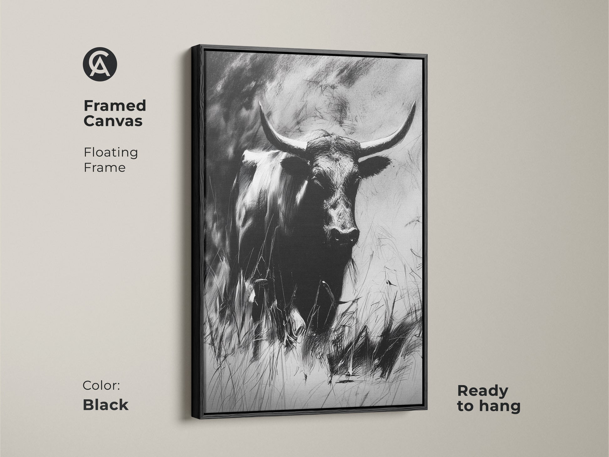 Framed canvas art featuring a monochrome bull. A floating frame enhances this charcoal sketch longhorn. This wildlife animal print is ready to hang. The black frame complements the rustic farmhouse canvas.