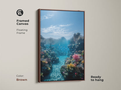Framed canvas shows underwater coral reef and tropical fish artwork. A brown floating frame complements this aqua turquoise ocean art. This marine life wall hanging is ready to display.