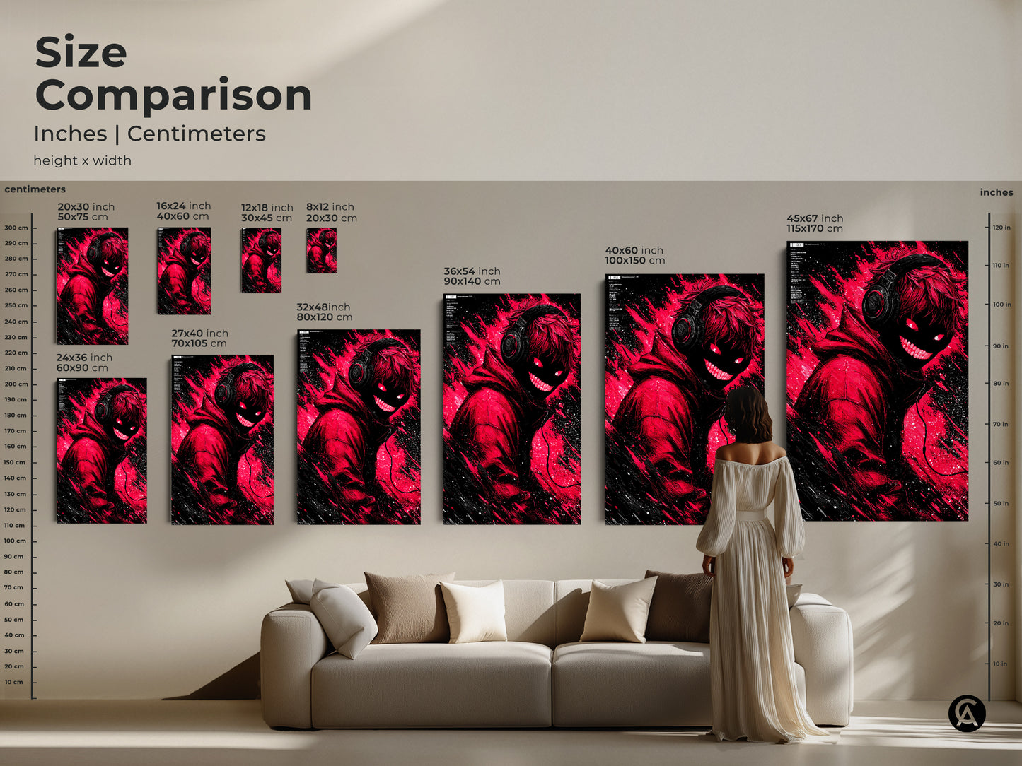 Size comparison of the red and black artwork in inches and centimeters. Various sizes are displayed on a wall above a sofa. It features a figure with headphones and glowing red eyes. Visualize the perfect fit for your home.