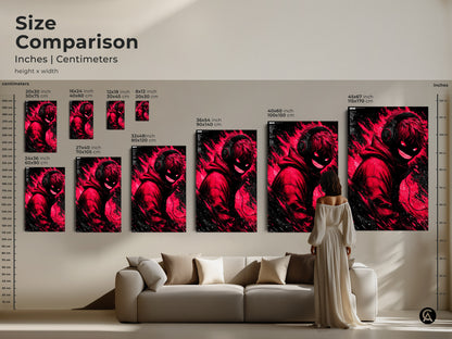 Size comparison of the red and black artwork in inches and centimeters. Various sizes are displayed on a wall above a sofa. It features a figure with headphones and glowing red eyes. Visualize the perfect fit for your home.