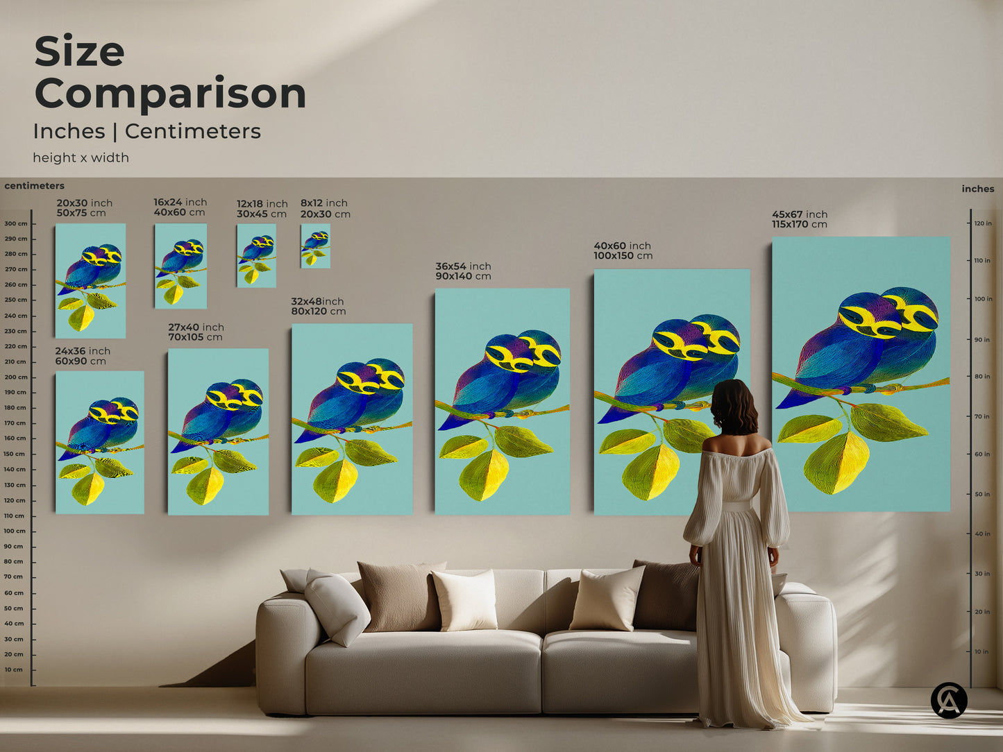 Compare the sizes of this bird couple artwork in inches and centimeters. See how the canvas print or poster fits in various room settings. The size comparison helps you visualize the impact of this contemporary art. The teal and yellow nature inspired animal art print brings a unique element to your home decor.