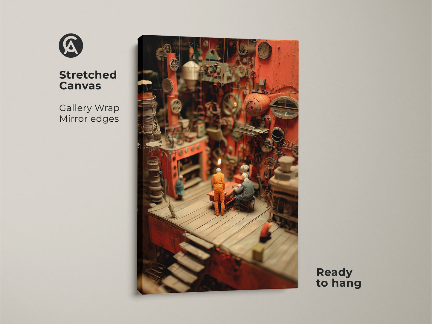 Close-up of a gallery-wrapped Steampunk diorama on stretched canvas. The mirror edges enhance the industrial factory art print. A captivating piece of miniature machinery canvas artwork. It will be ready to hang in any office space.