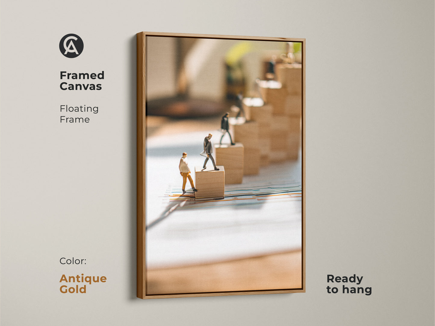 Framed canvas art of miniature figures climbing wooden blocks includes a floating frame in antique gold. The office wall art is ready to hang. A conceptual business print symbolizing progress and achievement this is motivational decor.