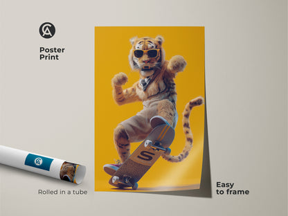 Museum-quality poster print showcases a retro tiger on a skateboard. Cool animal wall decor is perfect for a teen room. This gamer gift wall art in yellow enhances any eclectic home style easy to frame.