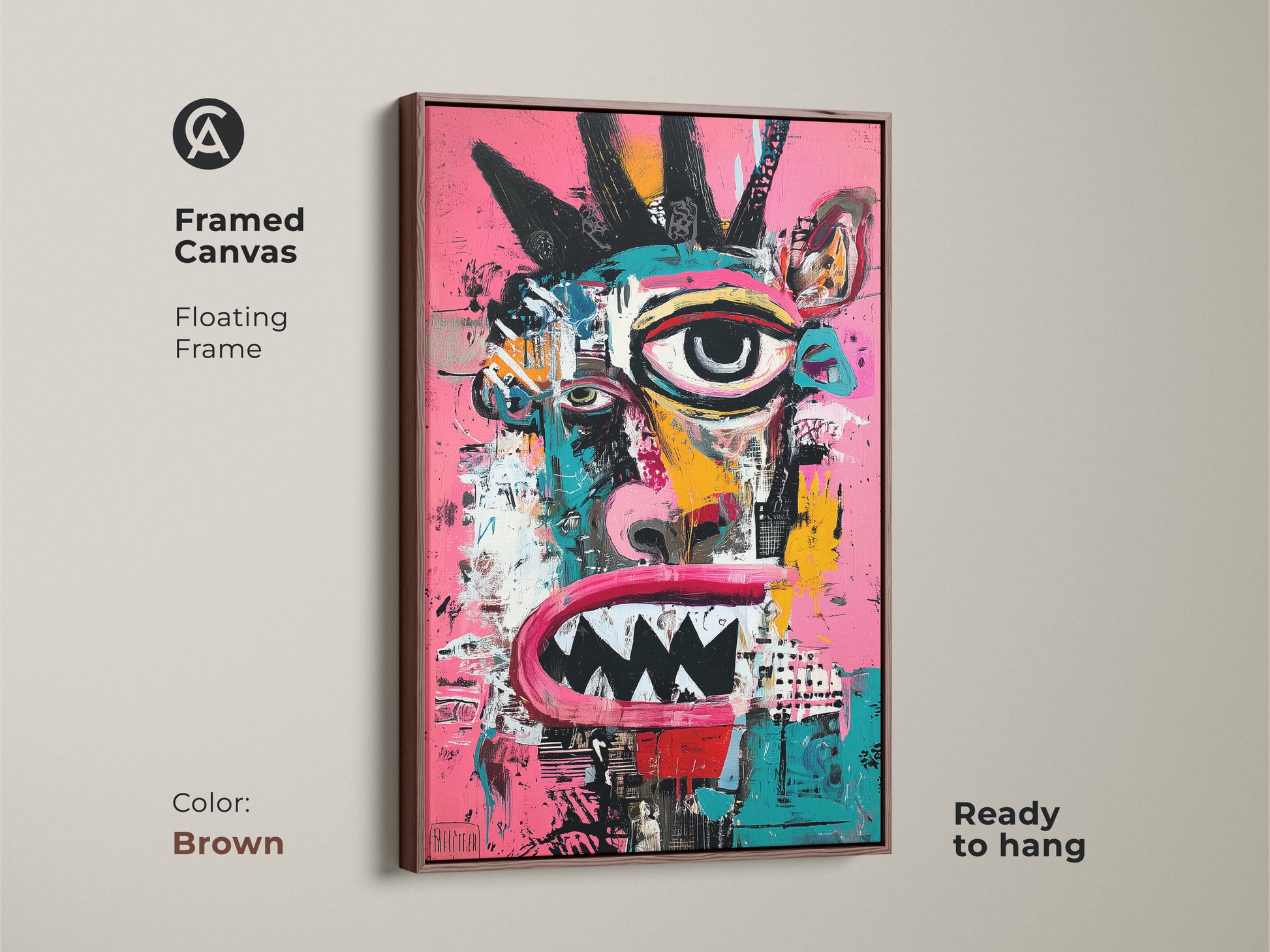 This framed canvas features an abstract face artwork. The floating frame is brown. It is ready to hang. The contemporary art print adds a touch of punk rock. Perfect for modern art collectors. The vibrant colors and bold strokes are eye-catching.