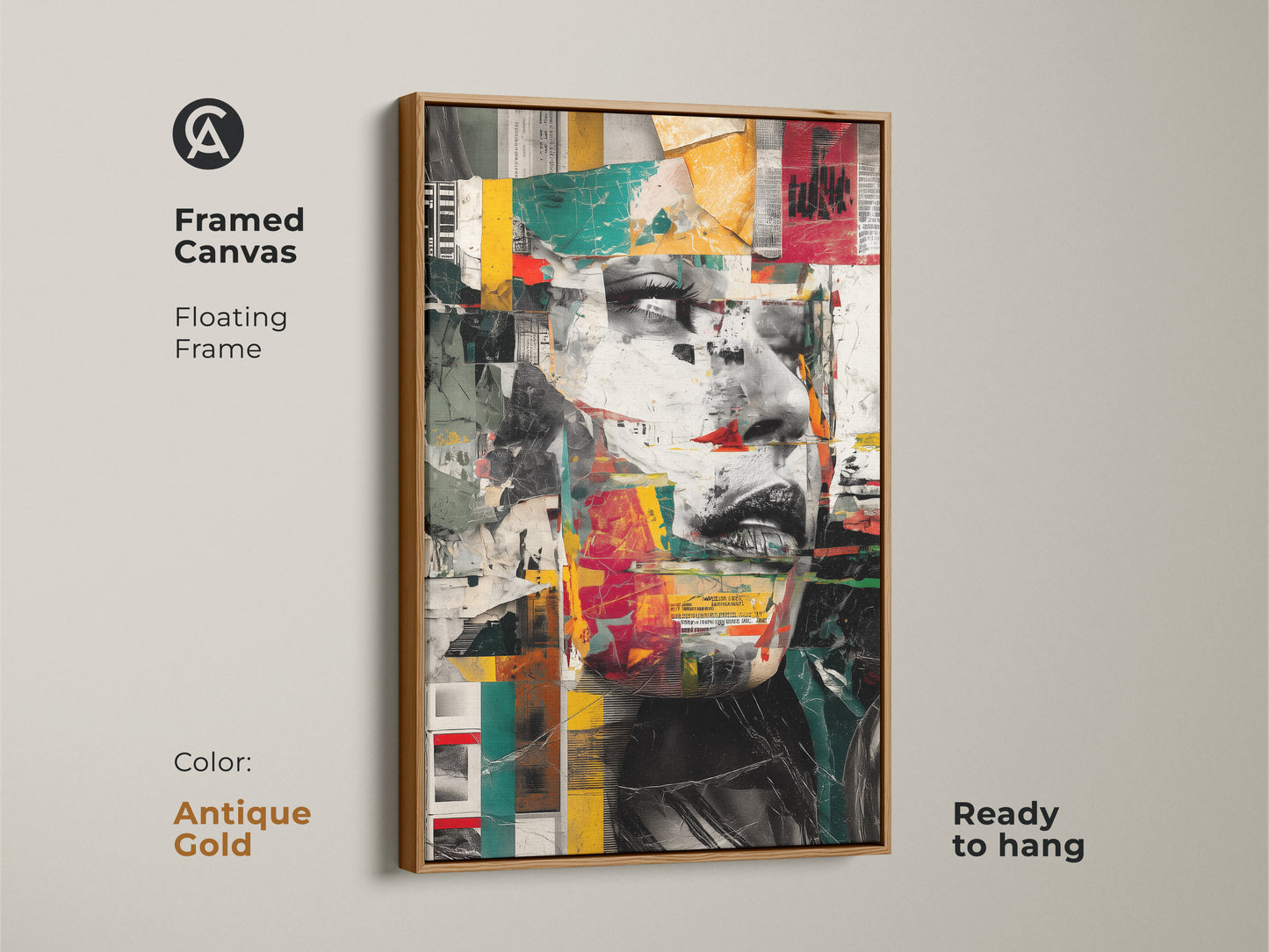 Framed canvas with an antique gold floating frame showcasing an abstract woman face collage. Ready to hang. Modern mixed media print. Eclectic red teal yellow wall art adds a contemporary touch to any room. Unique portrait artwork ideal as a gift for art lovers. Geometric collage print with vibrant colors and textured details.