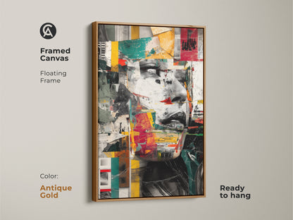 Framed canvas with an antique gold floating frame showcasing an abstract woman face collage. Ready to hang. Modern mixed media print. Eclectic red teal yellow wall art adds a contemporary touch to any room. Unique portrait artwork ideal as a gift for art lovers. Geometric collage print with vibrant colors and textured details.