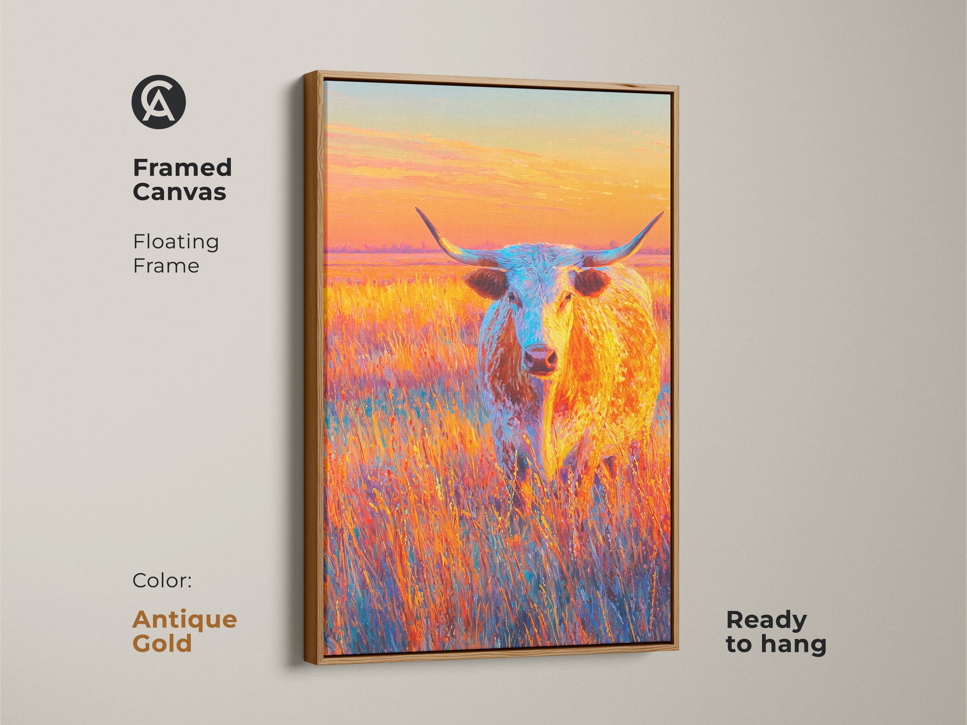 Framed canvas print with an antique gold floating frame. The artwork portrays a longhorn in a field. The vibrant colors and rustic charm of this piece add warmth to your decor. It is ready to hang.