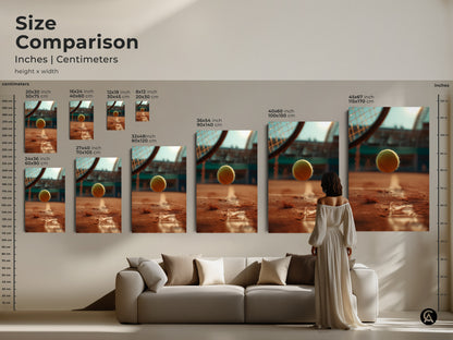 Tennis ball artwork size comparison. Visualize the artwork's impact in inches and centimeters. Various sizes are available to fit your space. From small to large find the perfect fit. Enhance your decor with our dynamic tennis-themed artwork prints today.