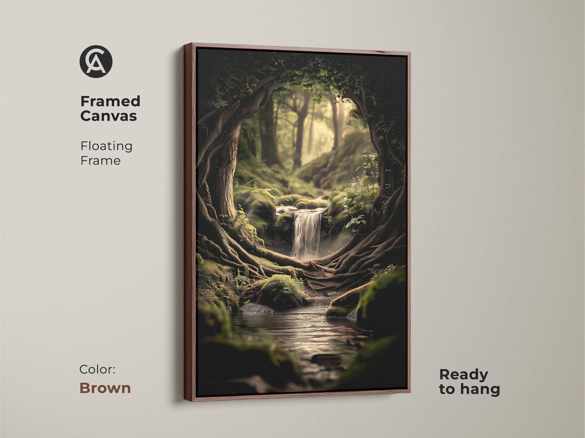 A brown framed canvas showcases a floating frame and nature scene with an emerald green forest. This framed canvas is ready to hang. It's a great biophilic home decor gift idea.