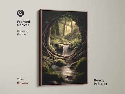 A brown framed canvas showcases a floating frame and nature scene with an emerald green forest. This framed canvas is ready to hang. It's a great biophilic home decor gift idea.