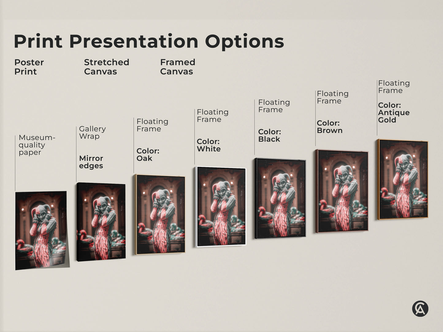 Explore poster print stretched canvas & framed canvas options. Choose museum quality paper or gallery wrap with mirror edges. Floating frames are available in oak white black brown or antique gold. Perfect harlequin jester art & macabre fantasy decor.