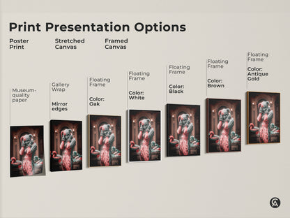 Explore poster print stretched canvas & framed canvas options. Choose museum quality paper or gallery wrap with mirror edges. Floating frames are available in oak white black brown or antique gold. Perfect harlequin jester art & macabre fantasy decor.