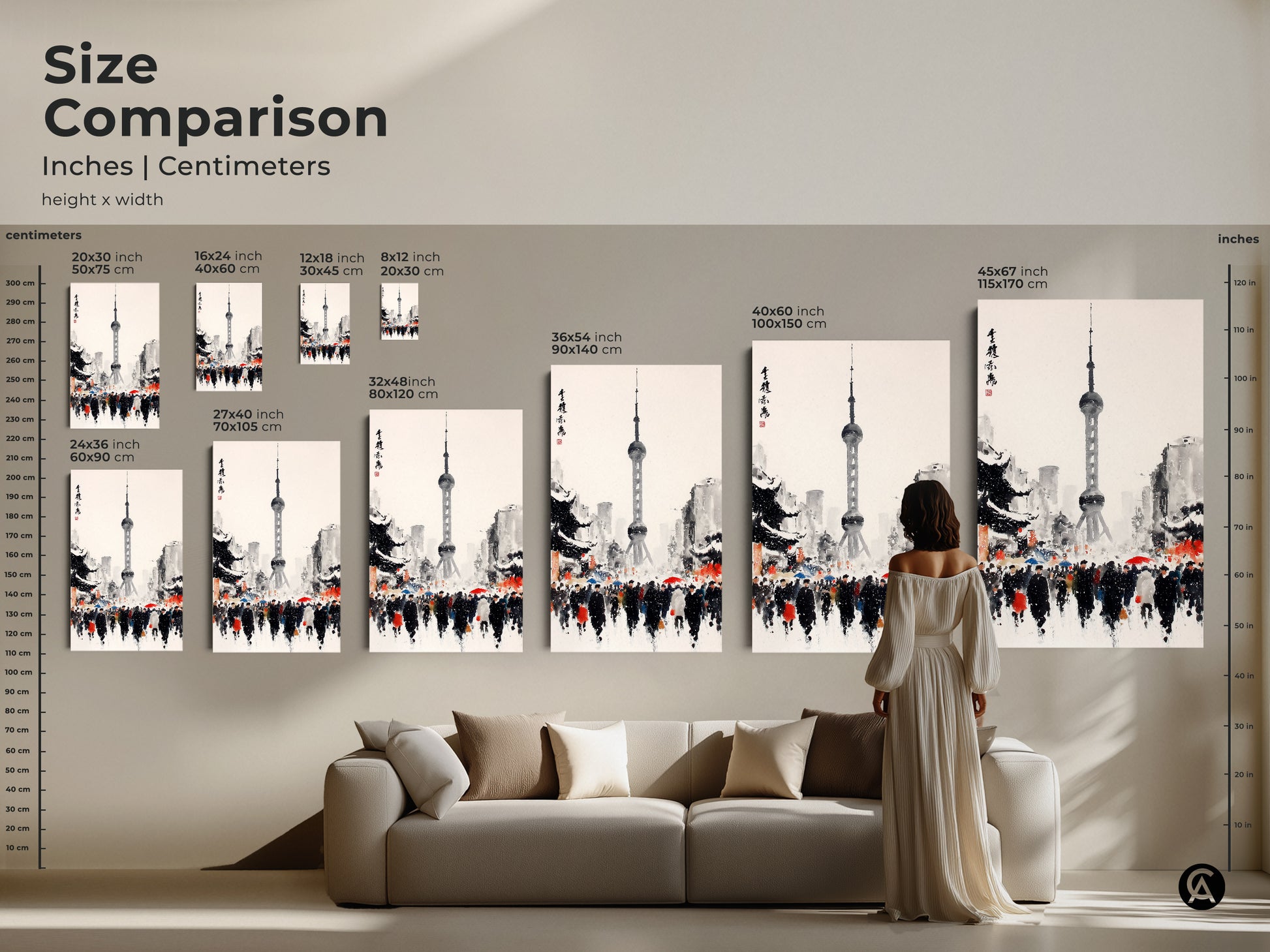 Size comparison for Shanghai Tower artwork. Artwork height and width is shown in inches and centimeters. Choose from a variety of sizes to fit your space. Art options include canvas and poster prints.