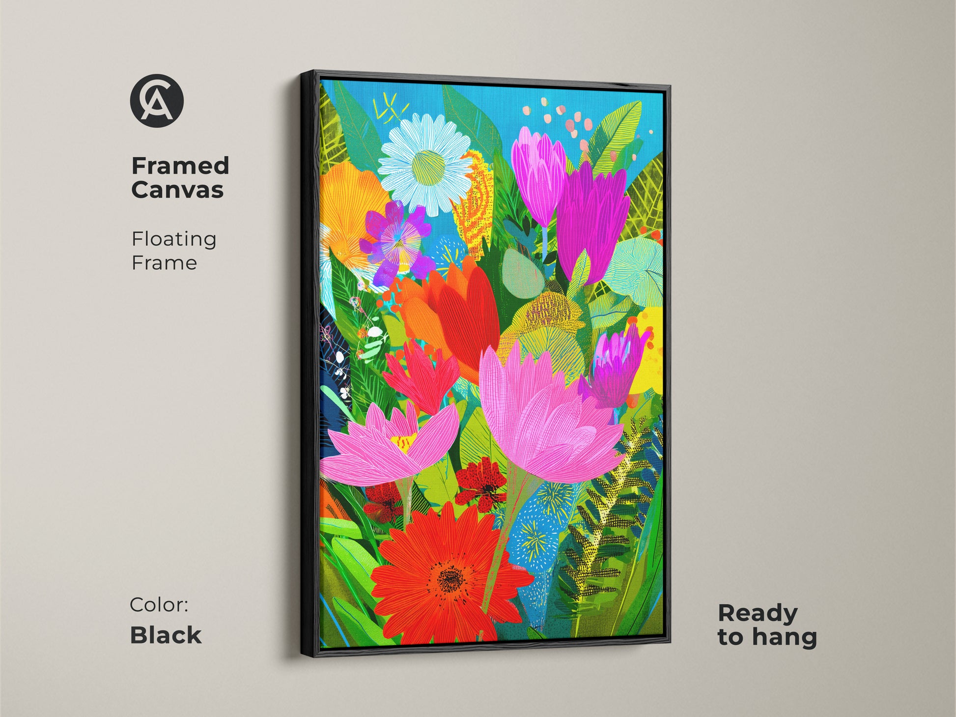 Black framed canvas of abstract floral wall art. This botanical art print adds boho style to any room. The colorful flower art is a modern folk art piece. Ready to hang with a floating frame. Perfect for plant lovers seeking bold decor.