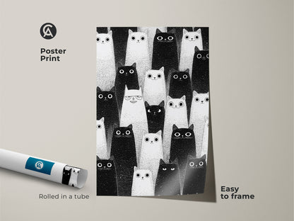 Poster print of minimalist cat artwork. A black and white feline print offering modern style. Easy to frame pet portrait. Ideal as a cat lover gift. Rolled in a tube.