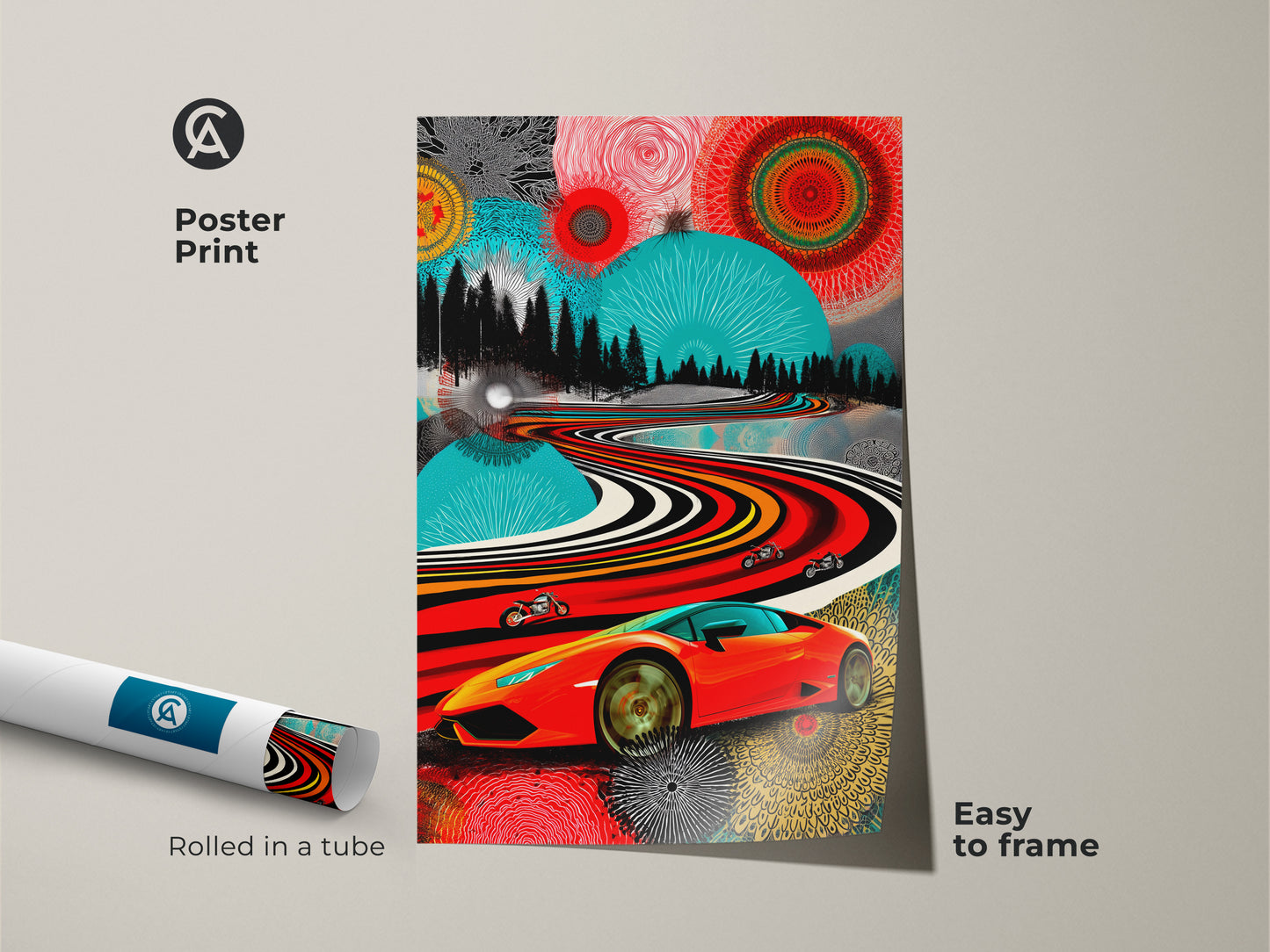 Pop Art abstract landscape poster print. The rolled art is easy to frame. It shows a red orange teal canvas with a sports car and motorcycles. The modern art print is a car enthusiast gift and a unique wall hanging. Vibrant and colorful.