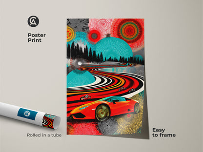 Pop Art abstract landscape poster print. The rolled art is easy to frame. It shows a red orange teal canvas with a sports car and motorcycles. The modern art print is a car enthusiast gift and a unique wall hanging. Vibrant and colorful.