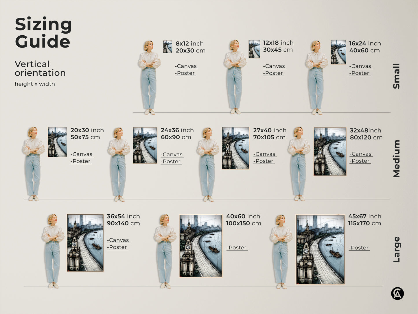 Sizing guide for a vertical blue gray cityscape sketch art print. Visualize various sizes of the river clock tower artwork. Options available for canvas and poster prints. Perfect for different wall spaces.