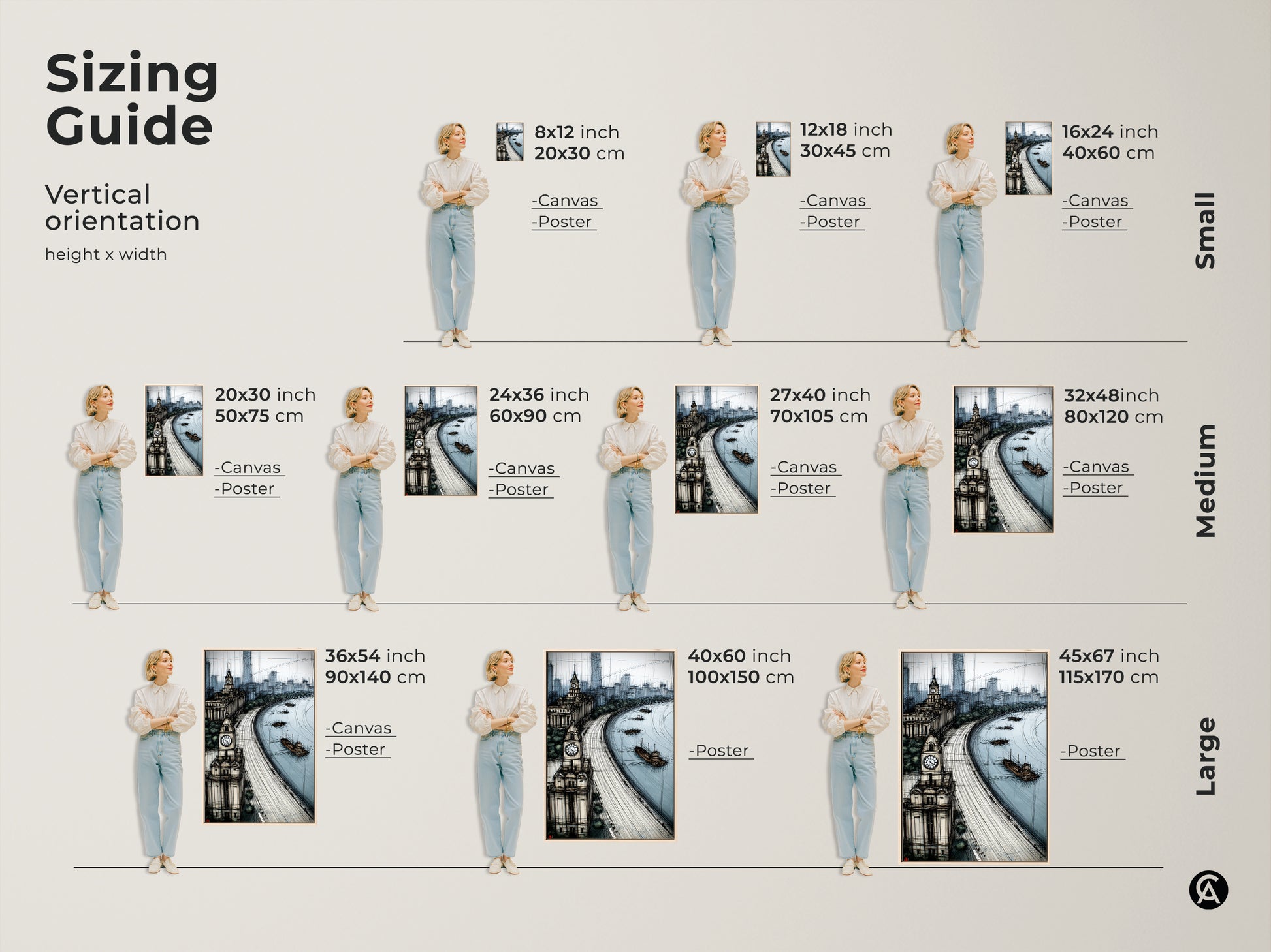 Sizing guide for a vertical blue gray cityscape sketch art print. Visualize various sizes of the river clock tower artwork. Options available for canvas and poster prints. Perfect for different wall spaces.